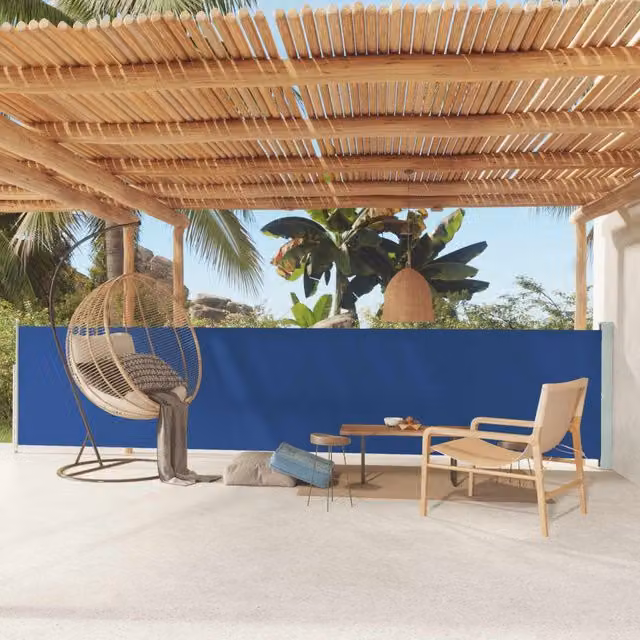 Berkfield Home Blue Retractable Side Awning with Steel Frame and Polyester Fabric, W: 117 cm, L: 600 cm