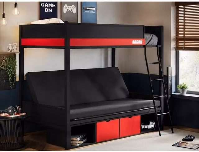 Flair Nova Metal Gaming Bunk Bed with Cotton Futon and Storage Drawers, Black and Red, Single Size (90 x 200 cm)