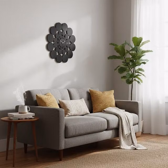Orsina Black and White Geometric Design Round Metal Wall Clock, Diameter: 51 cm