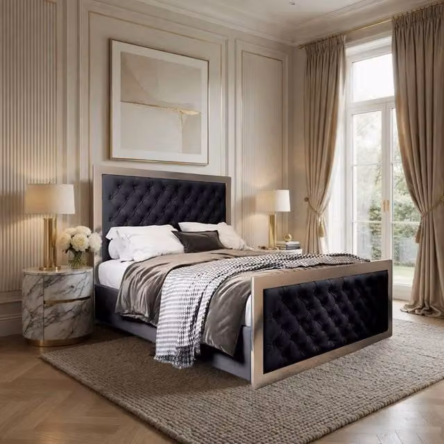 Casani Launceston Upholstered Velvet Designer Bed Frame with Black Metal Details, Single, W/D/H: 90 x 190 cm