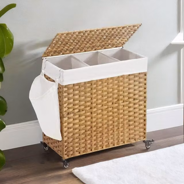 FURNOS 3 Compartment Laundry Basket with Removable Bags and Wheels in Beige, W/D/H: 120 x 60 x 66 cm