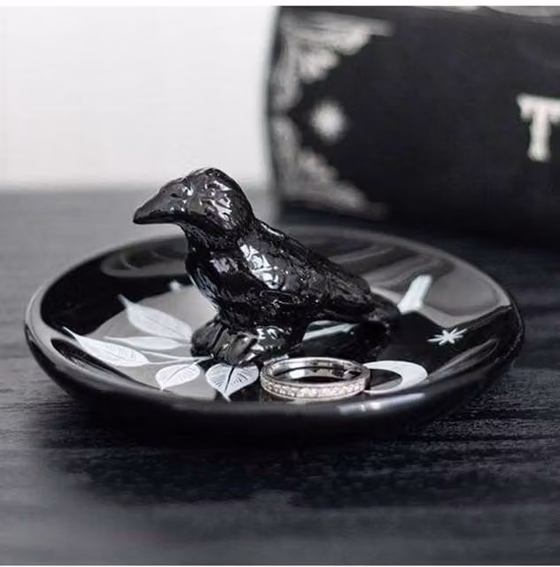 KDMD Mystic Raven Ceramic Trinket Dish in Black and White with Floral Design
