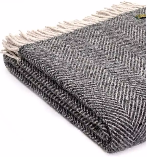Tweedmill Herringbone Woven Wool Throw Blanket in Grey and Silver