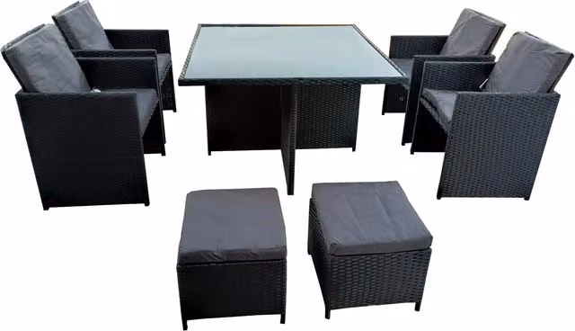Home Treats 8 Seater Modern Rattan Garden Dining Set with Rectangular Glass Table and Chairs in Black and Grey