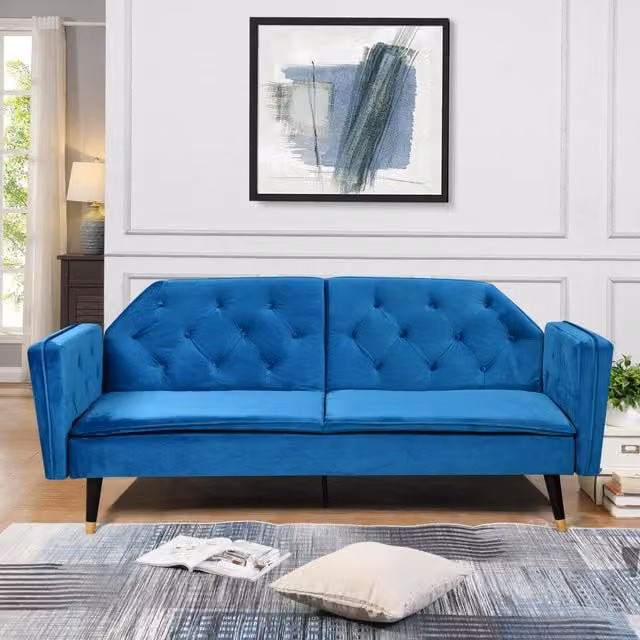Comfy Living Modern Plush Velvet Tufted Sofa Bed in Blue
