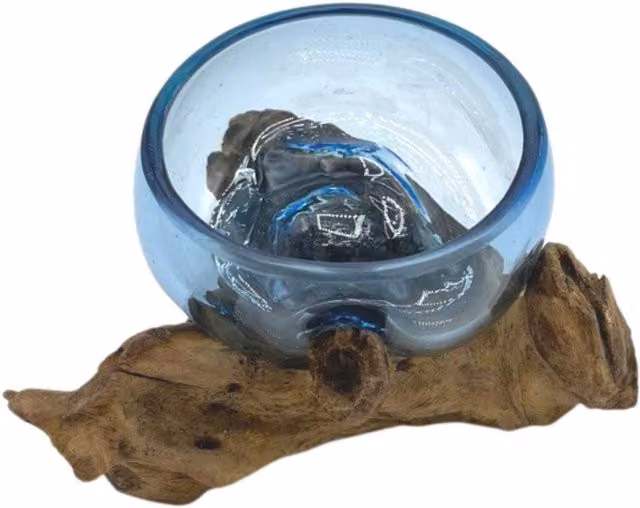 KDMK Blue Molten Glass Mini Round Bowl on Wood