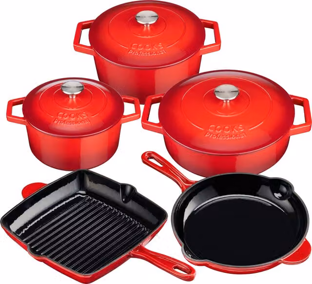 Cooks Professional 5 Piece Enamelled Cast Iron Casserole Dish, Frying Pan and Skillet Set in Red