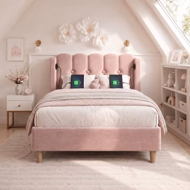 Merax 3ft Single Upholstered Velvet Bed Frame with Wingback and USB Charging Station, Pink, W/D/H: 90 x 190 x 103 cm