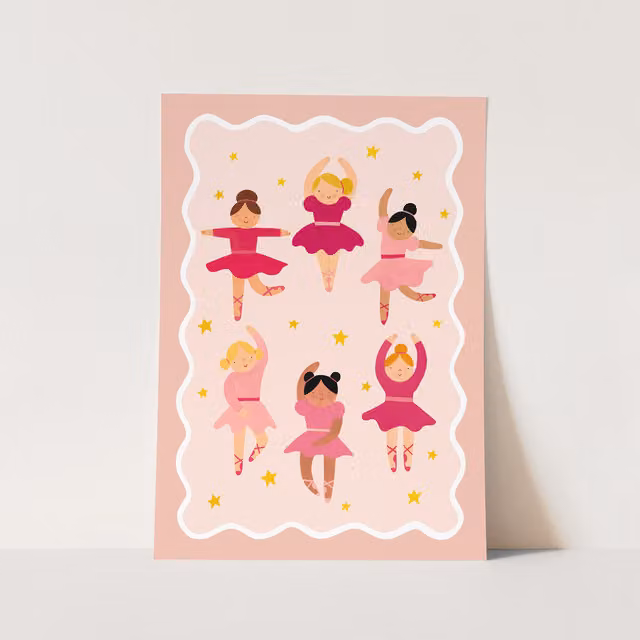 Kid Of The Village Ballerinas Fine Art Paper Poster Illustration in Pink, White and Yellow, W: 42 cm, H: 59.4 cm