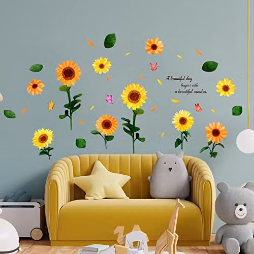 WALPLUS Watercolour Sunflowers with Butterflies Wall Stickers, Yellow and Multicolour Floral Peel and Stick Removable Wall Decals, W 150 cm x H 80 cm