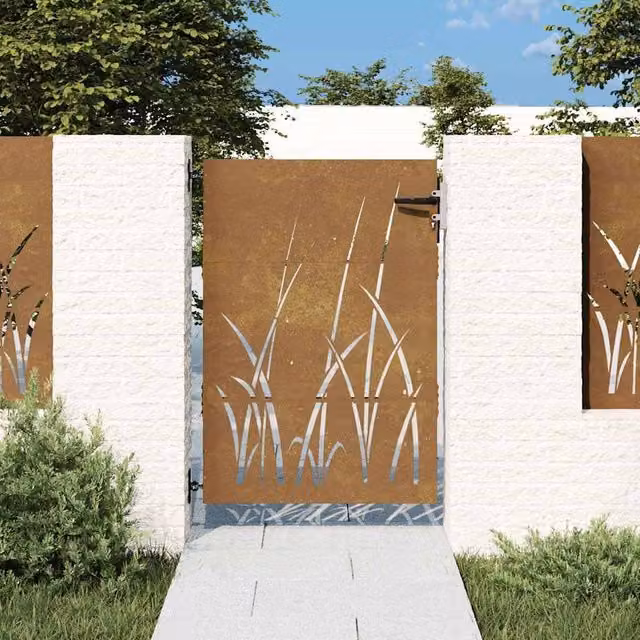 Berkfield Home Garden Gate in Brown Corten Steel with Grass Design, W: 85 cm, H: 125 cm