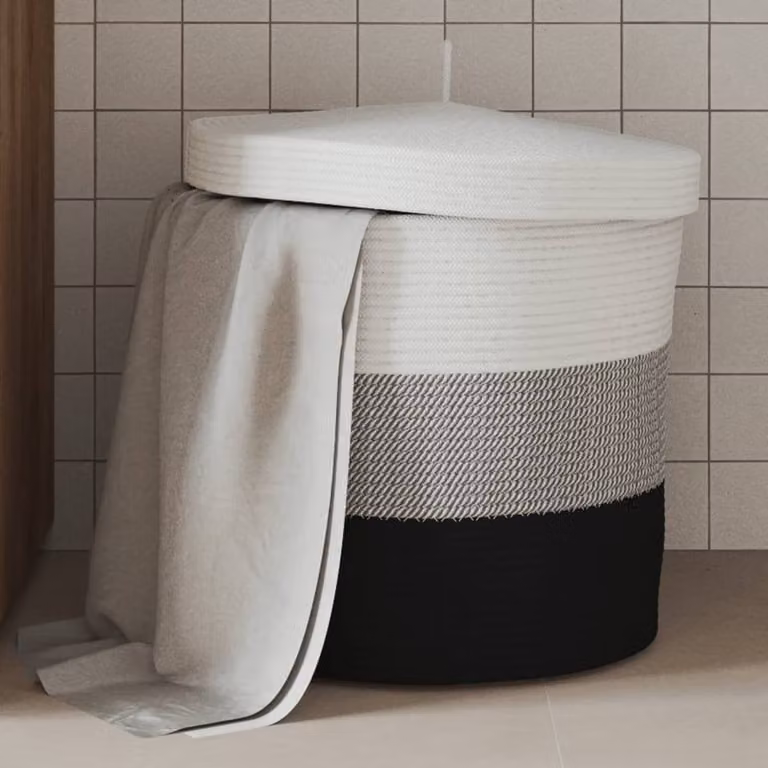 Berkfield Home Cotton Storage Basket with Lid in White and Black, W: 40 cm, H: 35 cm