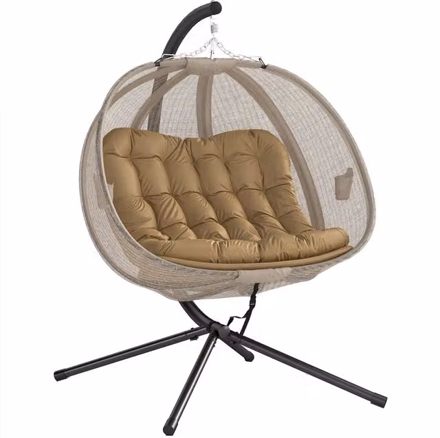Outsunny Double Hanging Egg Chair 2 Seater Swing Hammock with Stand and Cushions in Brown