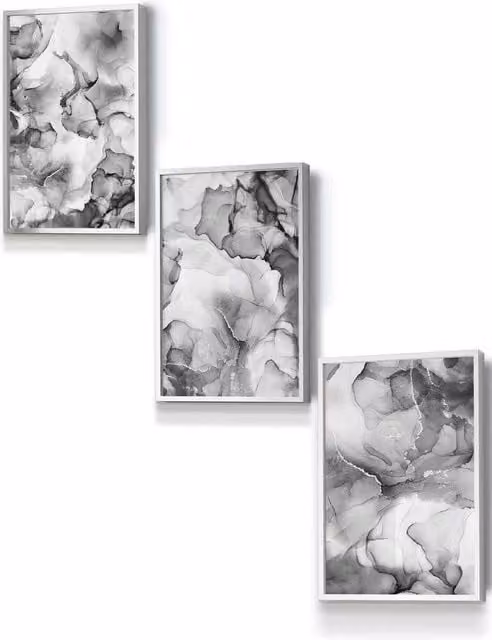 ARTZE Set of 3 Abstract Floral Fluid Wall Art in Grey and White with Silver Frames, W: 33 cm, H: 45 cm, D: 2 cm