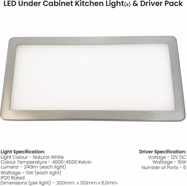 Loops 3x Brushed Nickel Ultra-Slim Rectangular Under Cabinet Kitchen LED Light and Driver Kit with Natural White Diffused Light