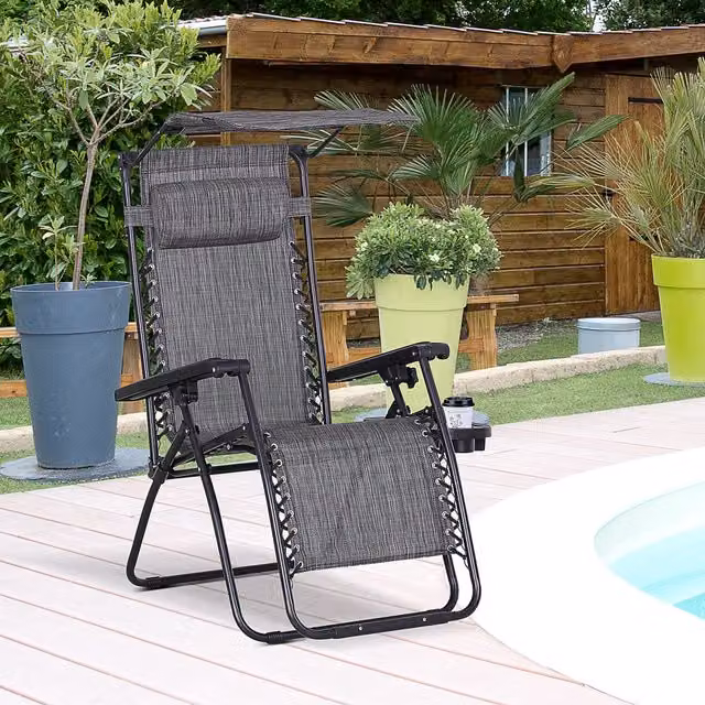 Outsunny Zero Gravity Garden Deck Folding Chair in Grey with Sun Canopy, Adjustable Headrest and Side Tray