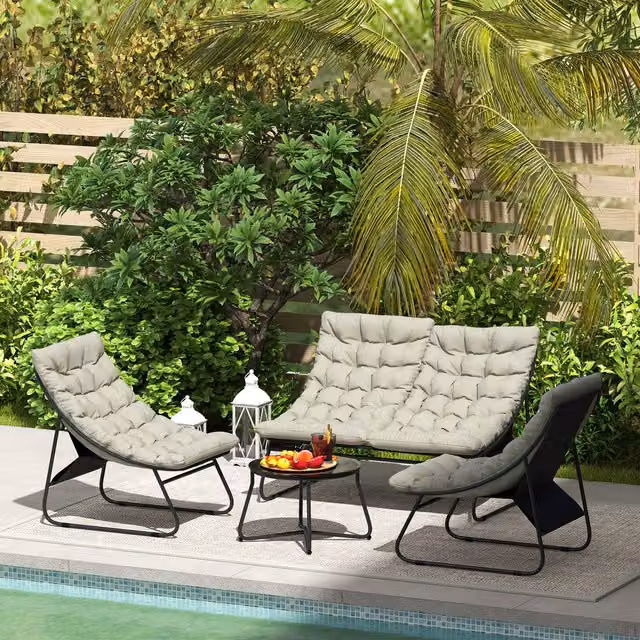 Outsunny 4 Seater Garden Furniture Set with Upholstered Cushions and Glass Coffee Table in Grey