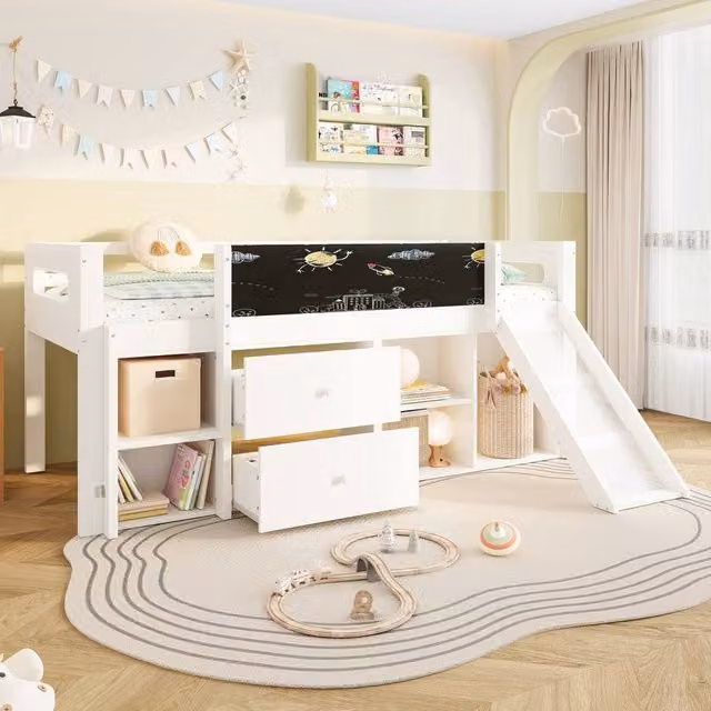 Merax White Solid Wood Kids Mid Sleeper Cabin Bed with Slide and Drawers, W/D/H: 190 x 90 x 171 cm
