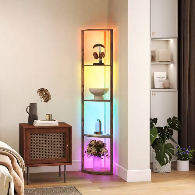 HOMCOM RGB LED Floor Lamp with Shelves and Remote Control in Rustic Brown