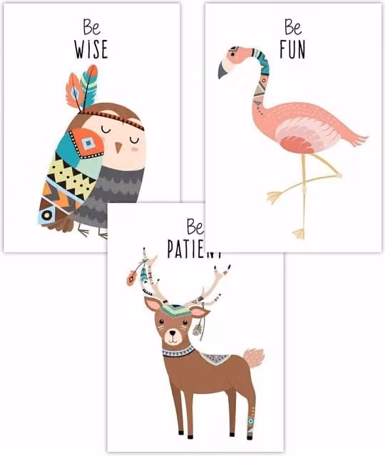 ARTZE Set of 3 Pink Tribal Animal Nursery Wall Posters with Typography, W: 59 cm, H: 84 cm