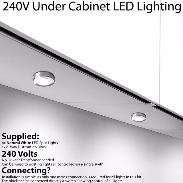 Loops 4x Chrome Round Under Cabinet Kitchen LED Light Kit with Natural White Light and Controller