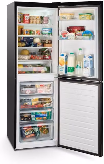 Montpellier Black Freestanding 50/50 Low Frost Fridge Freezer, E Energy Rating, W: 54 cm, D: 59 cm, H: 163 cm