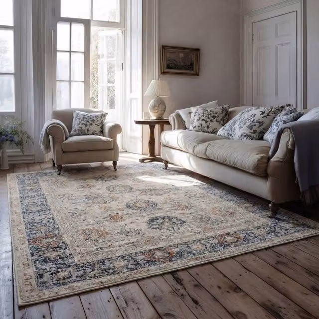 Kukoon Floral Distressed Machine Washable Living Room Area Rug in Beige and Blue, W: 120 cm, D: 170 cm