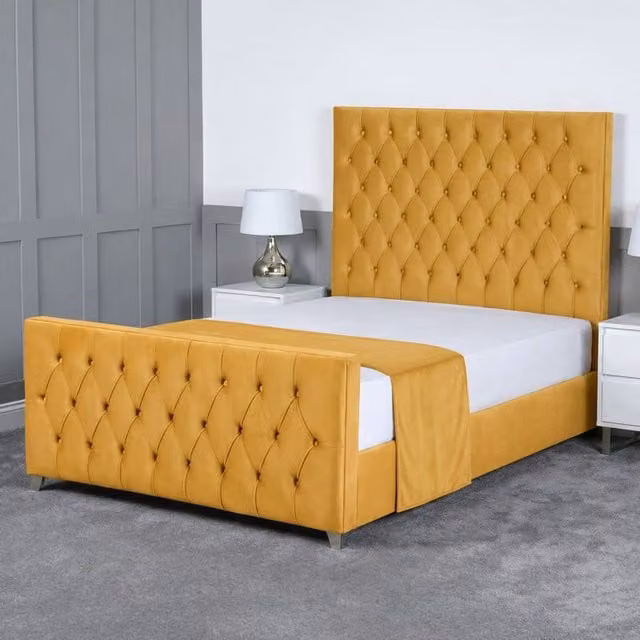 Living Comfort Bedz Vertex King Size Upholstered Velvet Gas Lift Storage Bed with 48 Inch Headboard in Yellow, W/D/H: 180 x 200 cm