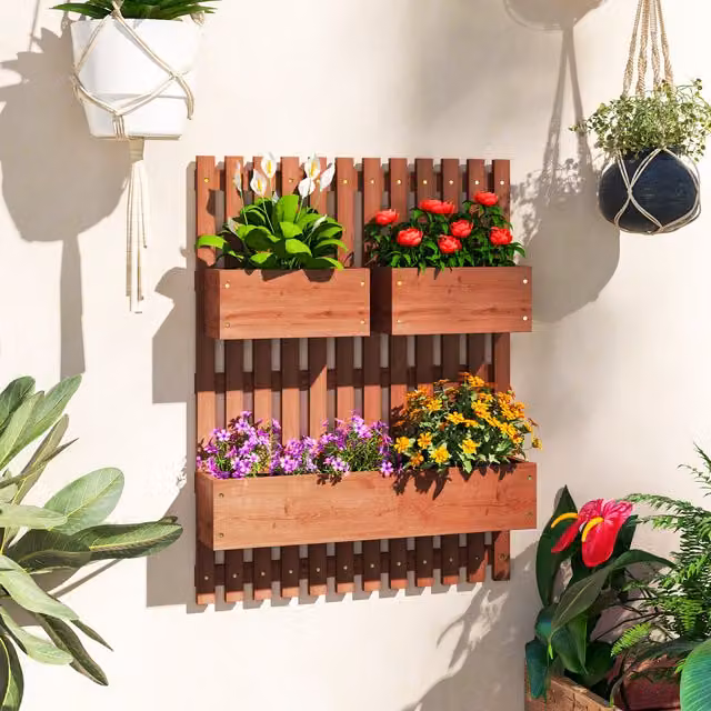 Outsunny Brown Wooden Wall-mounted Garden Planters with Trellis and 3 Planter Boxes