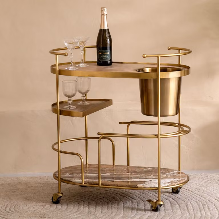 Atkin and Thyme Butler Drinks Trolley with Brown Rainforest Marble and Gold Metal Frame