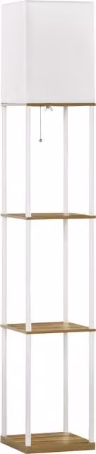 HOMCOM Modern White Floor Lamp with 3-Layer Metal Shelves and Fabric Cylinder Lampshade featuring Pull Chain Switch