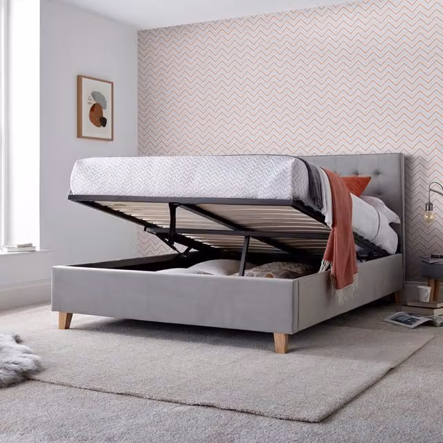 Bedmaster Kingham Grey Velvet Upholstered Ottoman Bed with Lift Up Base, W: 140 cm, L: 200 cm