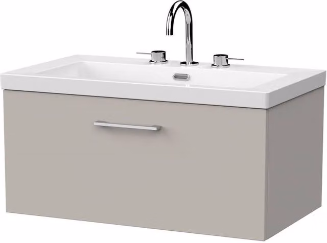 Balterley Pershall Wall Mounted 1 Drawer Vanity and 3TH Fireclay Basin in Pebble Grey, Width: 80 cm
