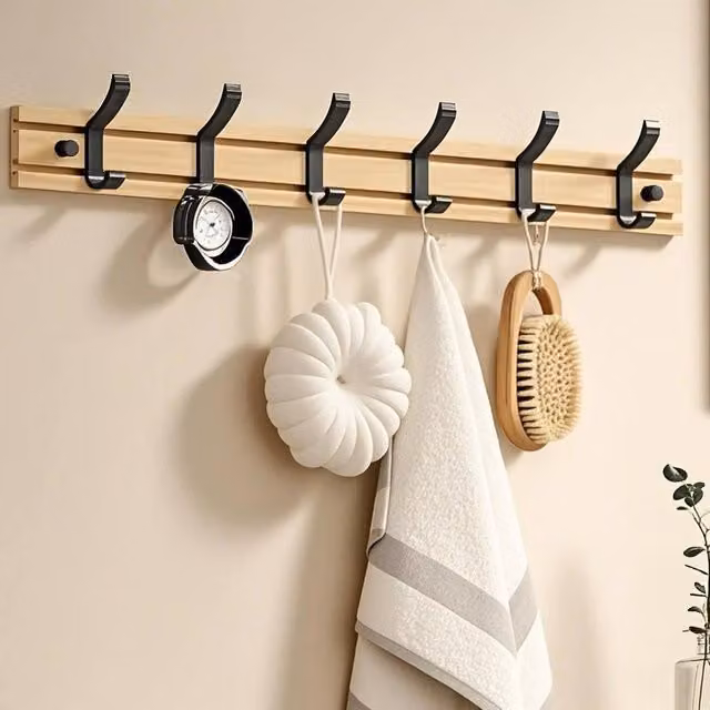 NESTLUNE 6 Hook Rotating Bamboo Wall Mounted Clothes Coat Hanger in Brown