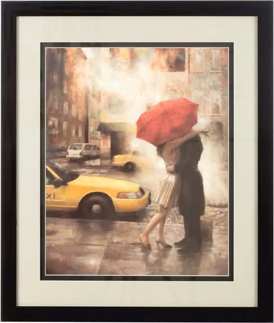 Orsina Framed Couple Under Umbrella City Portrait Wall Art in Red, Yellow, Black or Multicolour