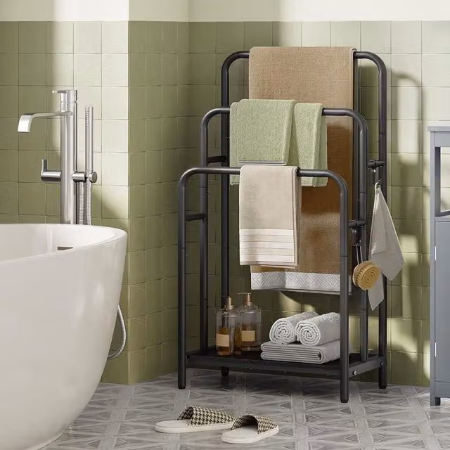 SONGMICS Compact Freestanding 3-Bar Towel Rack with 2 Hooks and Storage Shelf in Black