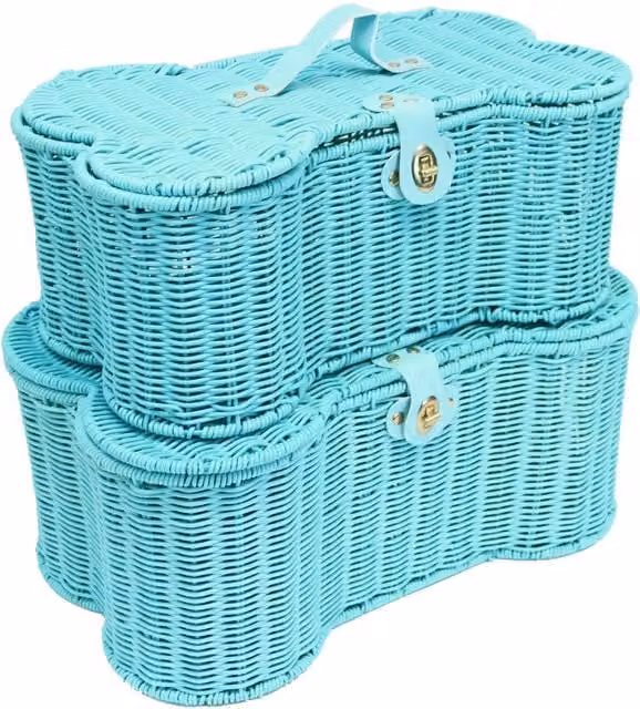 Hampabox Open Weave Storage Hamper Basket with Lid and Handles in Blue and Turquoise, H 45 cm x W 45 cm x D 27 cm