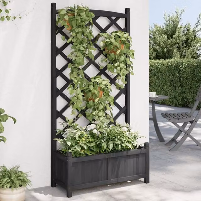 Berkfield Home Black Solid Wood Fir Planter with Trellis