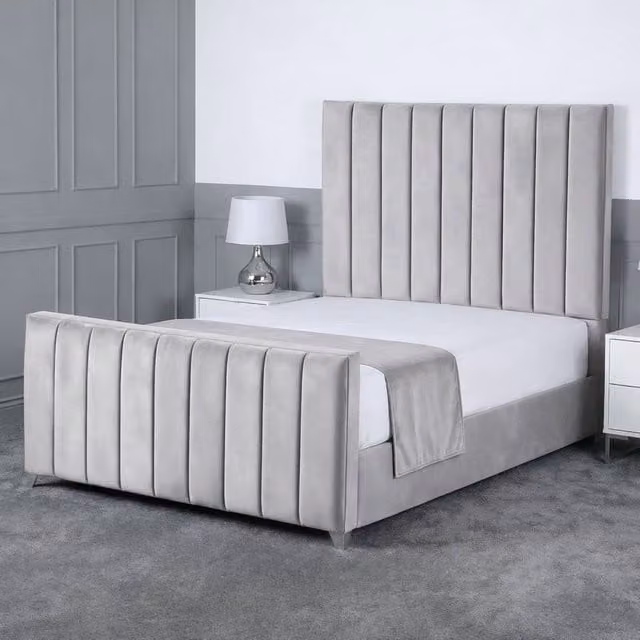 Living Comfort Bedz Empress Plush Velvet Upholstered Bed with Slatted Base and 48 Inch Headboard in Silver, Double Size