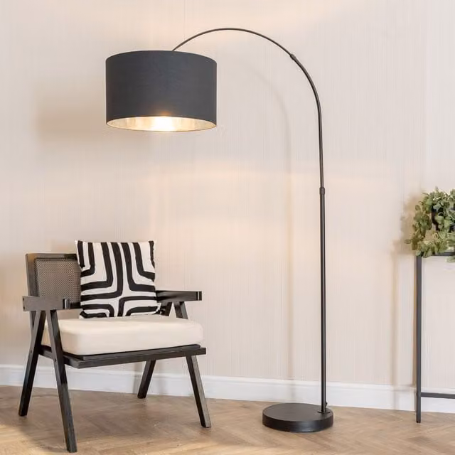 ValueLights Louis Black Arched Floor Lamp with Fabric Drum and Chrome Inner Shade including Warm White Bulb