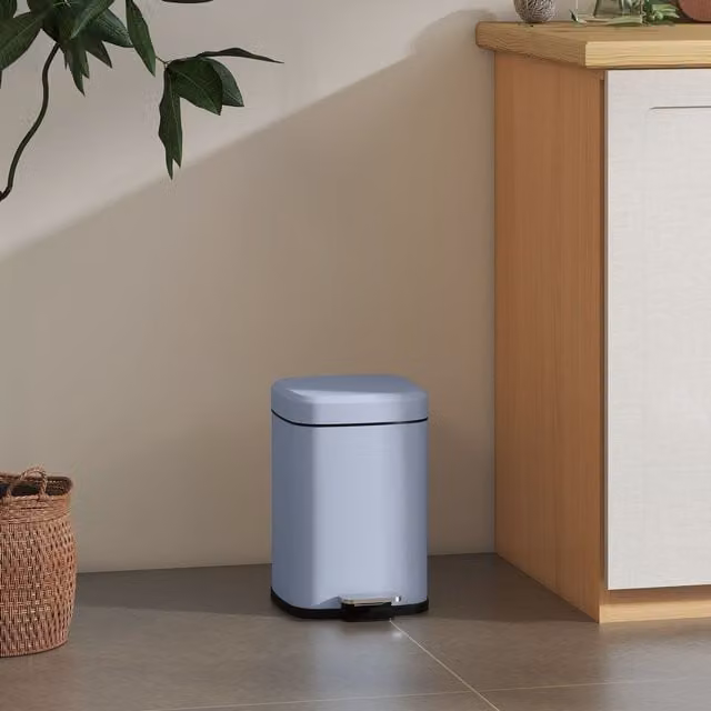 HOMCOM 12L Metal Kitchen Pedal Bin with Soft-close Lid and Removable Inner Bucket, Light Blue