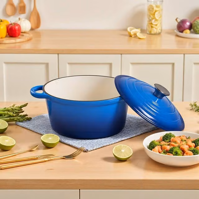Living and Home Enameled Cast Iron Dutch Oven Casserole Pot with Lid, Blue, 4L