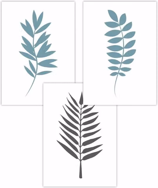 ARTZE Set of 3 Boho Botanical Leaf Art Posters in Blue, Grey and White, W: 42 cm, H: 59 cm