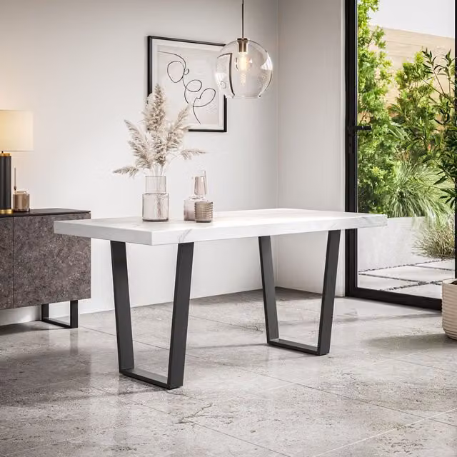 More4Homes Aria Rectangular Marble Dining Table in White with Black Metal Legs, W: 160 cm, D: 80 cm, H: 76 cm
