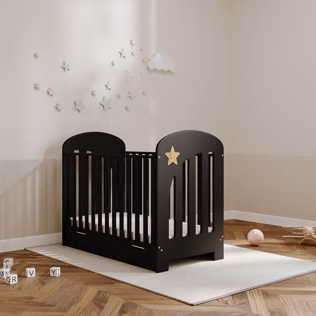Viculii Bonnie Cot in Black with Drawer, Mattress and Drop Side, W/D/H: 120 x 60 x 60 cm