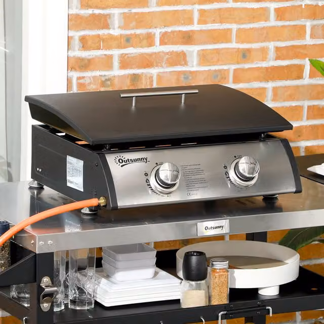 OUTSUNNY Silver Tabletop Gas Plancha Grill with Stainless Steel Burner and Griddle, W: 48.5 cm, D: 48.5 cm, H: 23.0 cm
