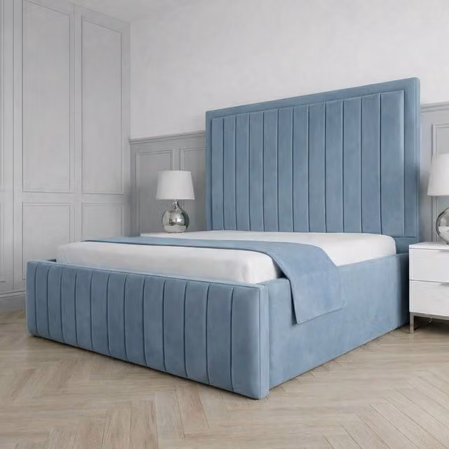 Living Comfort Bedz Sovereign Plush Velvet Upholstered Bed with Slatted Base and 48 Inch Headboard in Light Blue, King Size