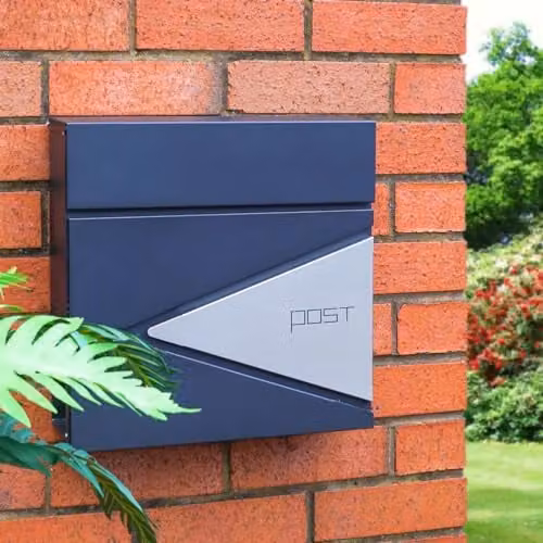 mysmartbuy Black & Silver Wall Mounted Lockable Steel Letterbox, H37 x W37 x D10 cm