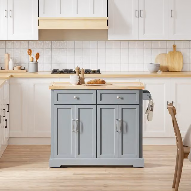 SoBuy Modern European-style Mobile Drop-Leaf Kitchen Island in Grey with 2 Drawers and Adjustable Shelf