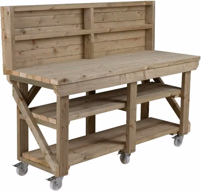 Arbor Garden Solutions Wooden Indoor Outdoor Workbench with Pegboard, Double Shelf and Wheels, Multicolour